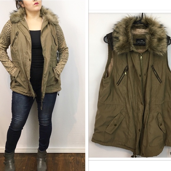 Royalty Jackets & Blazers - Olive green utility vest faux fur collar 3x